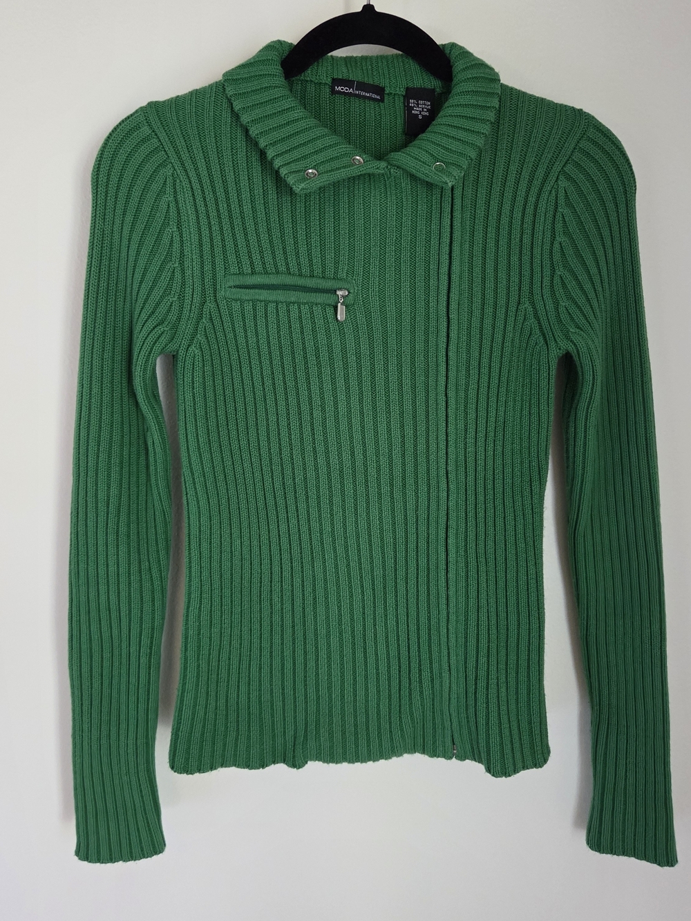 VTG Y2K Moda International Kelly Green Ribbed Zip Moto Sweater Jacket size S